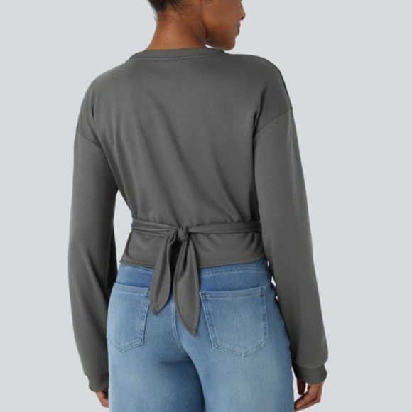 Halara Crossover Tie Back Cropped Casual Sweatshirt In Gunmetal Grey Size Medium - Picture 2 of 9